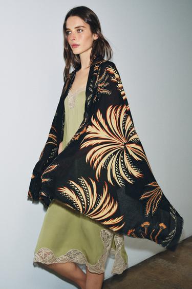 Zara PRINTED LINEN SCARF - Black