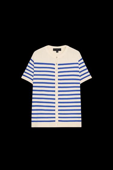 Zara STRIPED KNIT SHORT SLEEVE JACKET - Ecru / Blue - Image 0