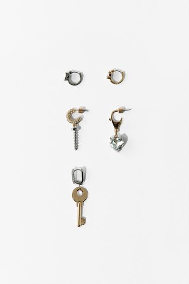 PACK OF 5 MIXED KEY AND JEWEL EARRINGS - Golden by Zara