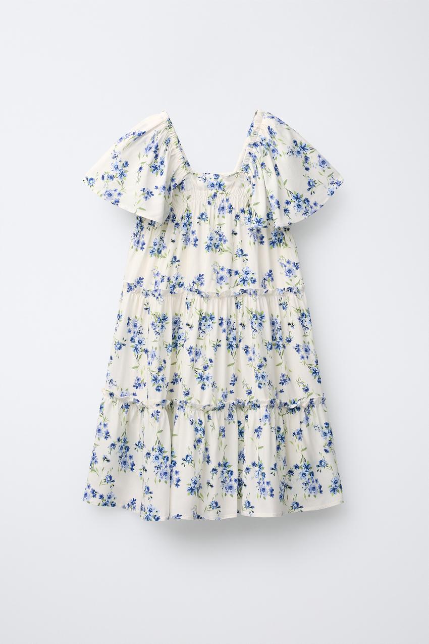 FLORAL RUFFLE DRESS - Ecru / Blue