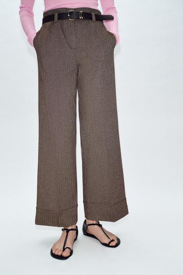 Zara HERRINGBONE BELTED PANTS - Brown