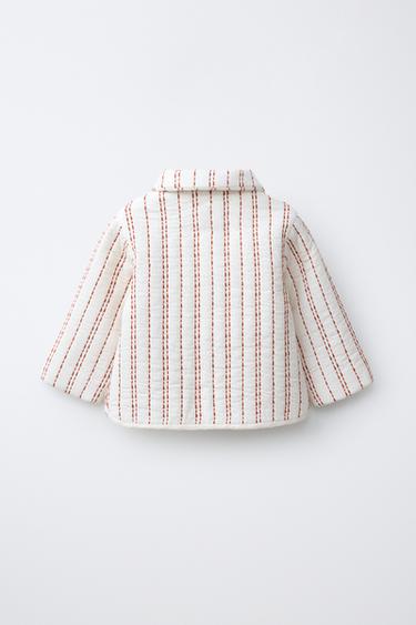 EMBROIDERED STRIPED QUILTED JACKET - Ecru / Maroon by Zara - Image 1