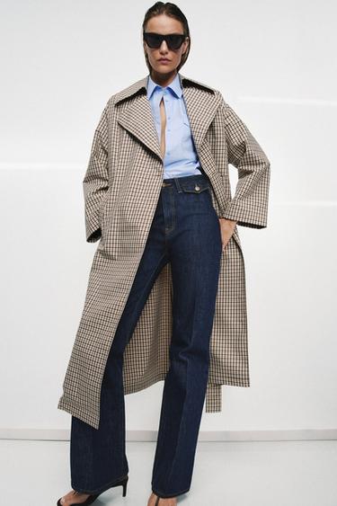 TRENCH OVERSIZE بنقشة مربعات ZW COLLECTION - بيج /أخضر by Zara