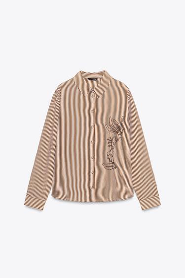 STRIPED EMBROIDERED BEADED SHIRT - Brown / Ecru by Zara - Image 5