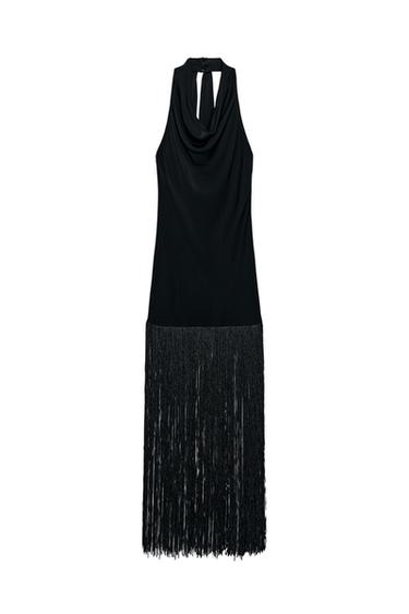 ZW COLLECTION HALTERNECK FRINGED DRESS - Black by Zara