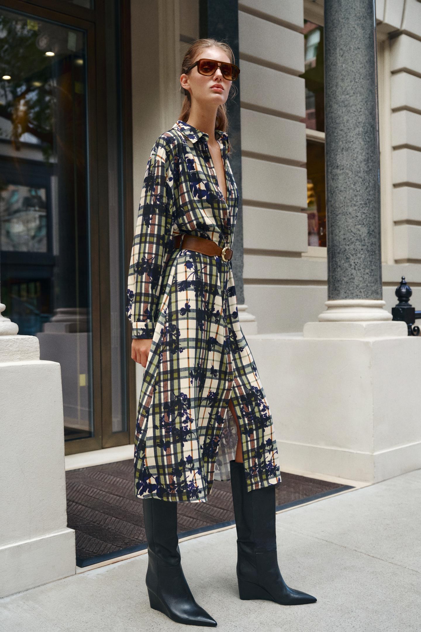 Женское платье Zara Printed MIDI Shirt Dress with Belt, цвет: Разноцветный — фото 3