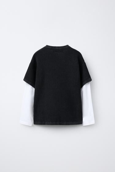 DOUBLE-LAYER WAFFLE-KNIT T-SHIRT WITH TEXT PRINT - Black by Zara - Image 1