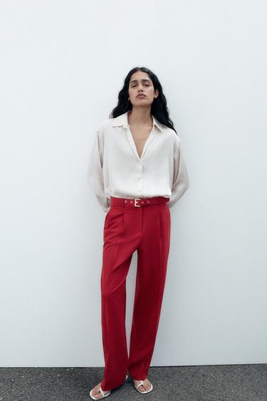 TROUSERS WITH BUCKLE BELT - Burgundy by Zara - Image 0