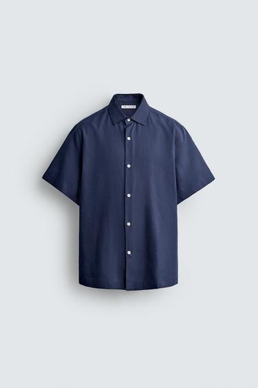 Zara TEXTURED LINEN COTTON BLEND SHIRT - Navy blue