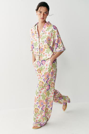 HOSE MIT BLUMENMUSTER AUS LEINEN - Bunt von Zara