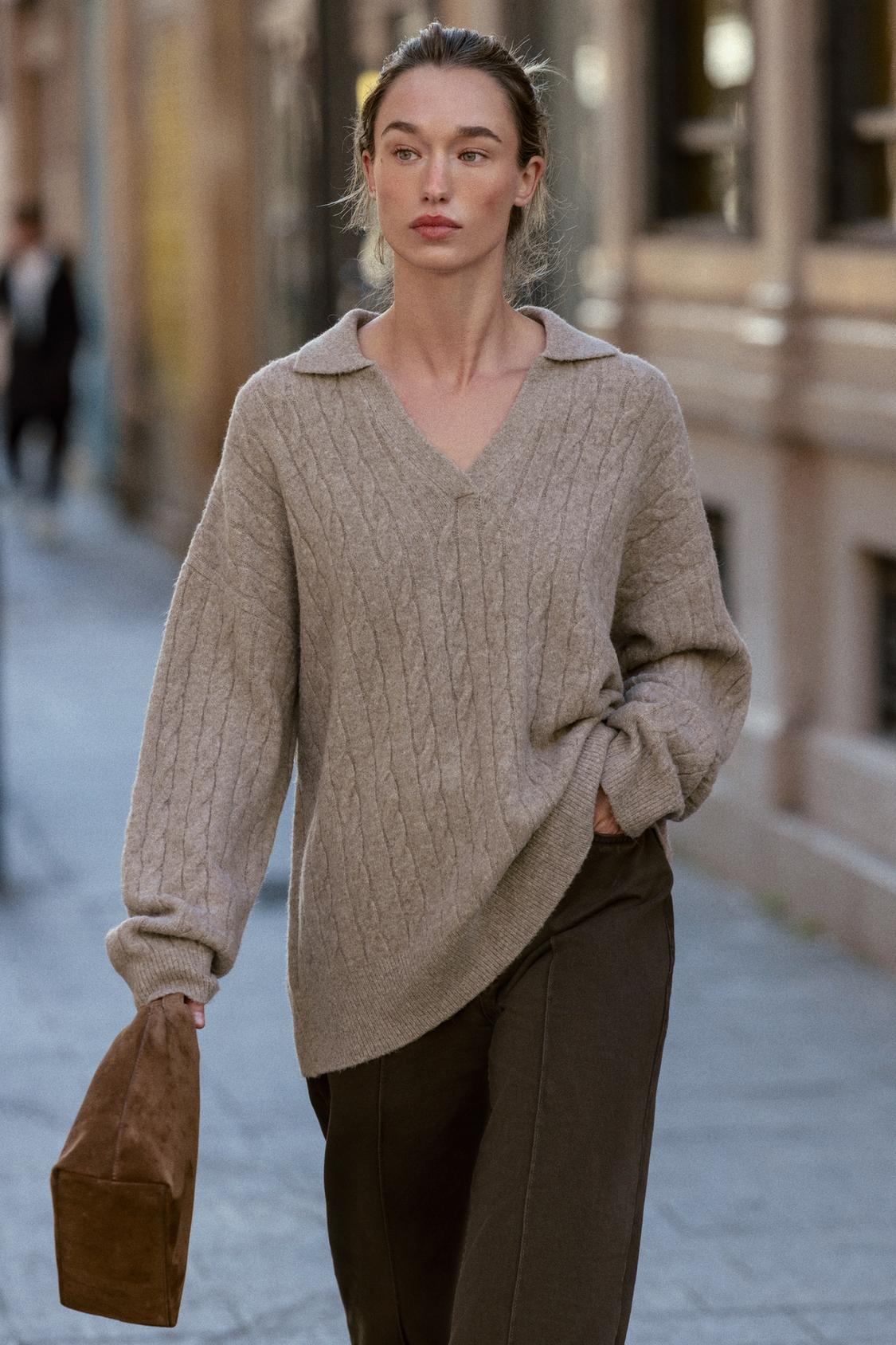 CABLE KNIT POLO SWEATER