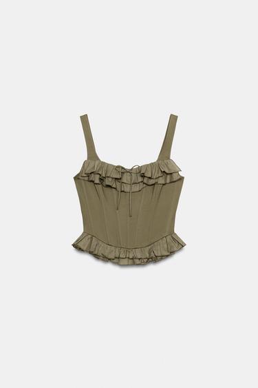 Zaras KORSETTOPP MED VOLANGER - Mörk khaki