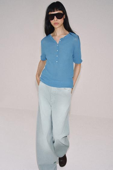 KNIT BUTTON-UP TOP - Light blue by Zara - Image 3