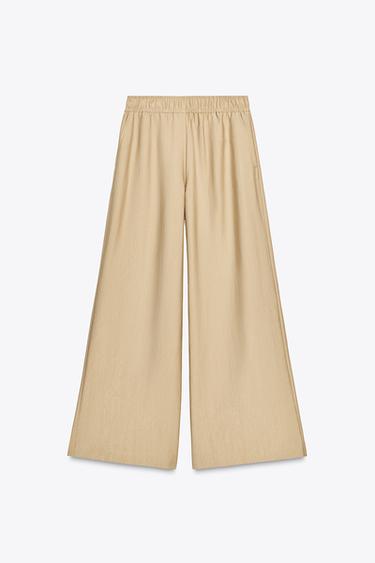 Zara ELASTIC WAIST WIDE LEG PANTS - Sand
