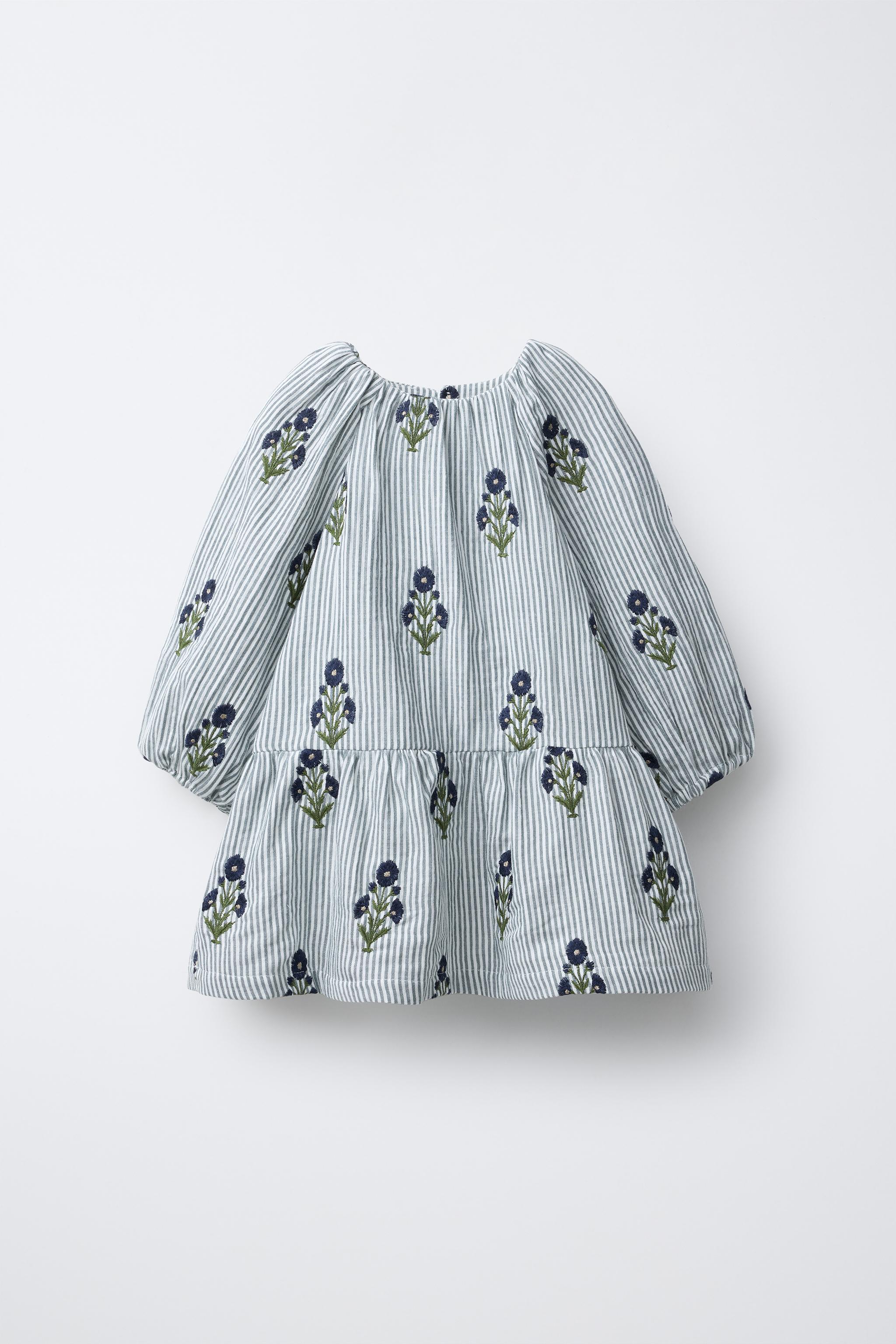 STRIPED EMBROIDERED FLORAL DRESS - Blue | ZARA United States STRIPED EMBROIDERED FLORAL DRESS - Blue | ZARA United States