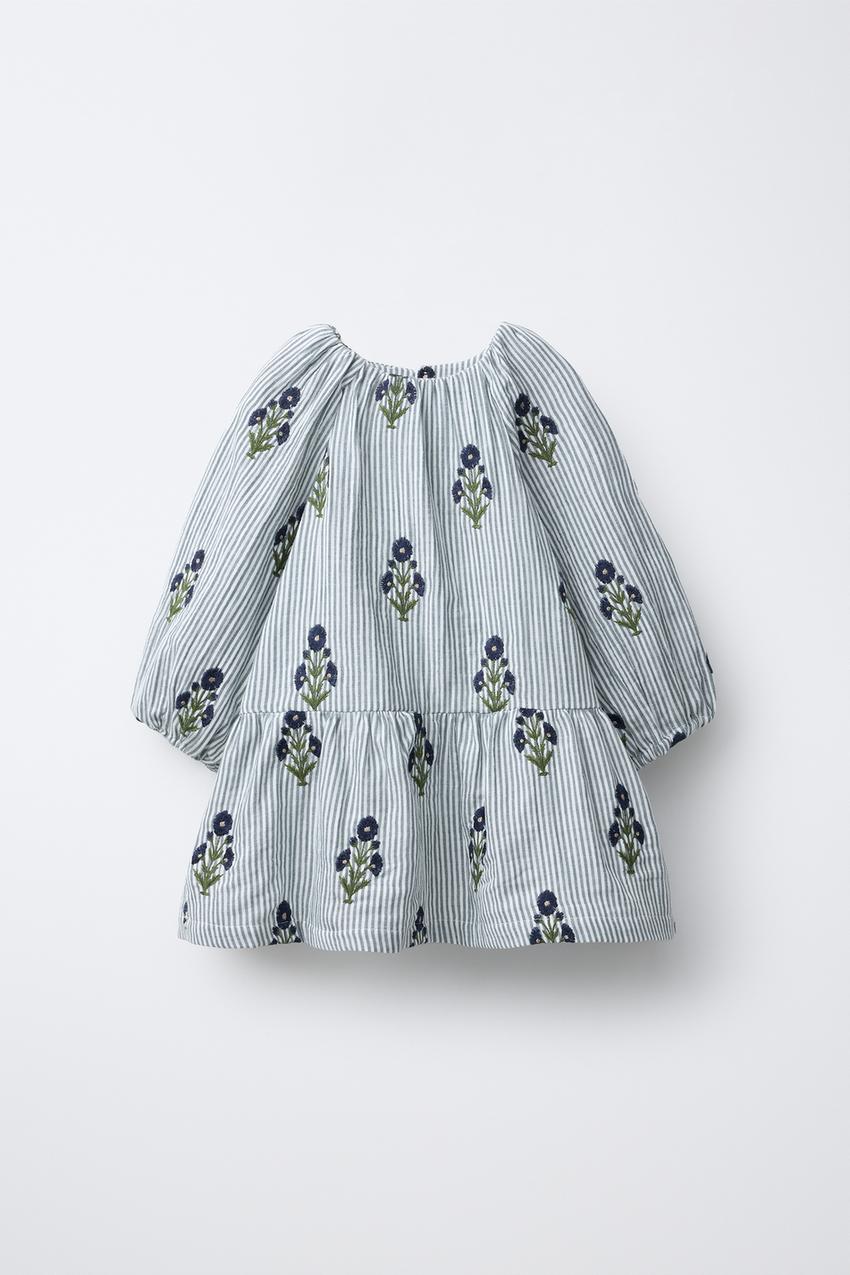 STRIPED EMBROIDERED FLORAL DRESS - Blue | ZARA United States STRIPED EMBROIDERED FLORAL DRESS - Blue | ZARA United States