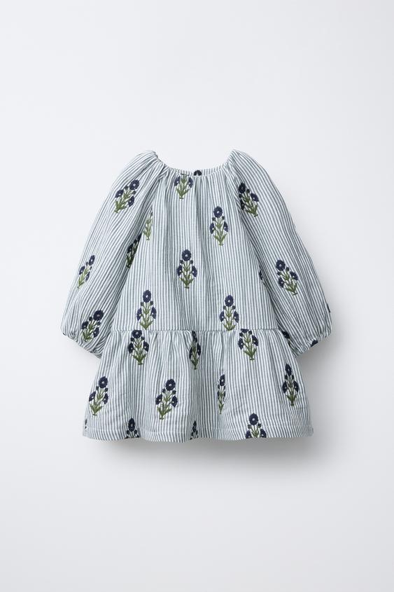 VESTIDO RAYAS FLORES BORDADAS - Azul de Zara - Imagen 0