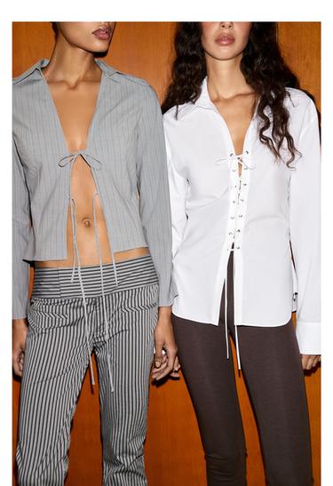 STRIPED SHIRT WITH BOWS - Grey marl by Zara