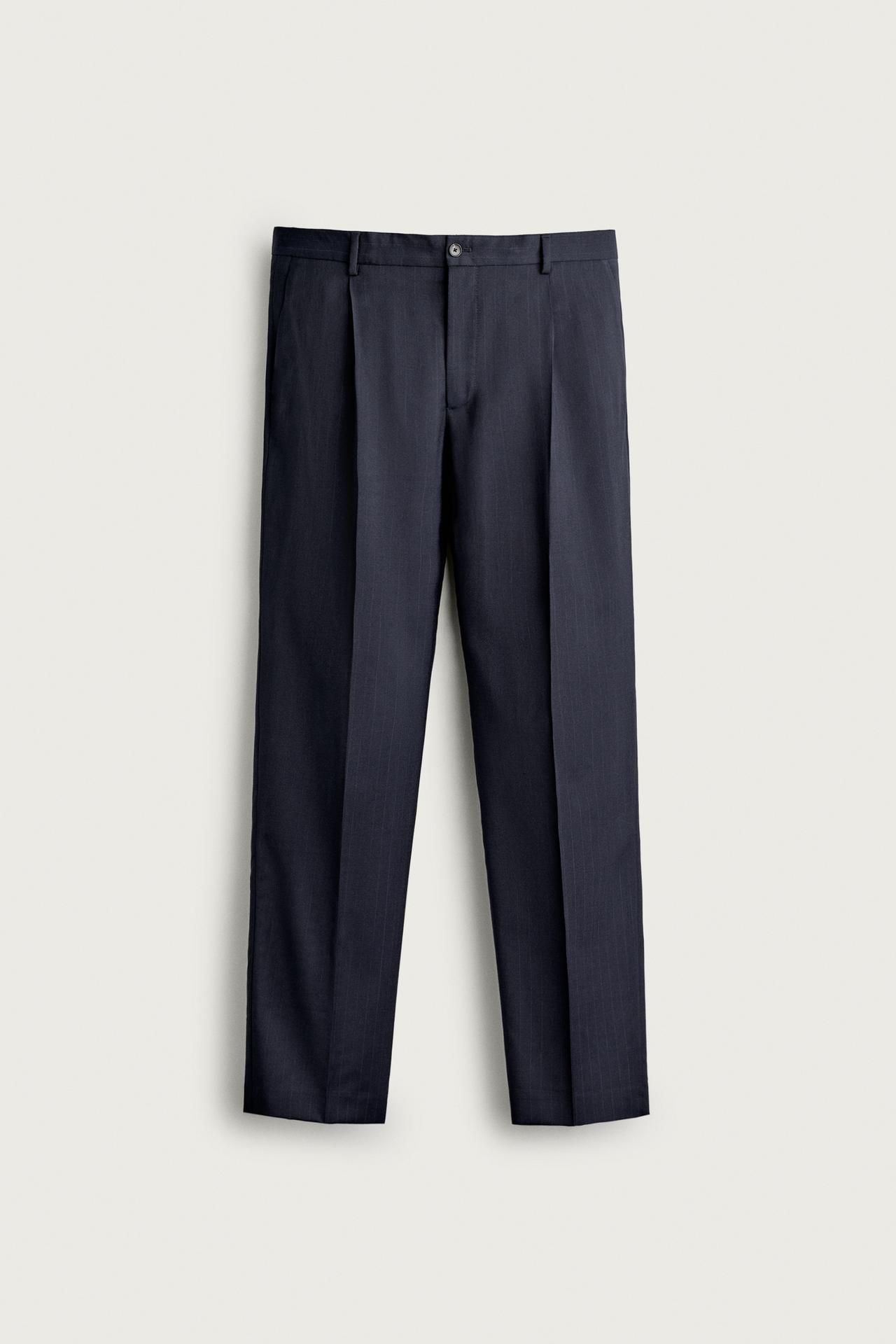 100% WOOL PINSTRIPE REGULAR FIT SUIT PANTS — Navy blue