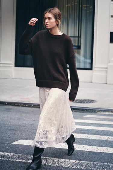 SEQUINNED KNIT MIDI SKIRT - Chalk pink by Zara