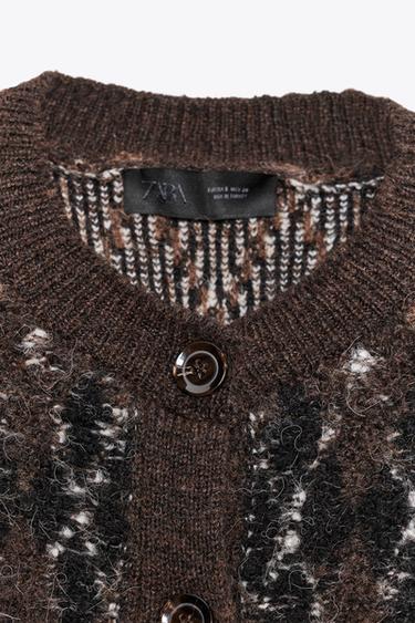 ARGYLE KNIT SHORT SLEEVE CARDIGAN - Brown by Zara - Image 5