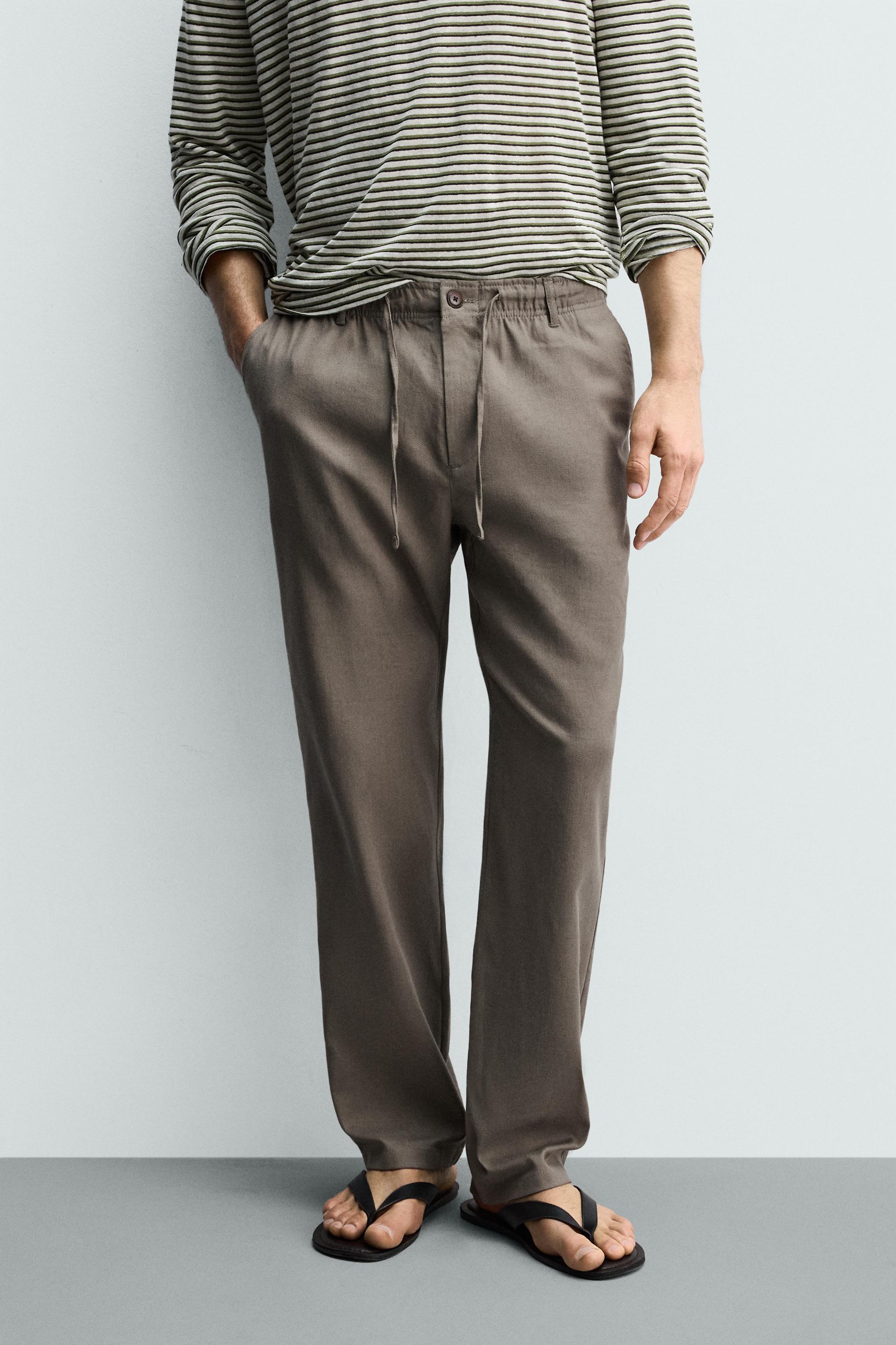 COTTON/LINEN RELAXED FIT TROUSERS — Brown / Taupe