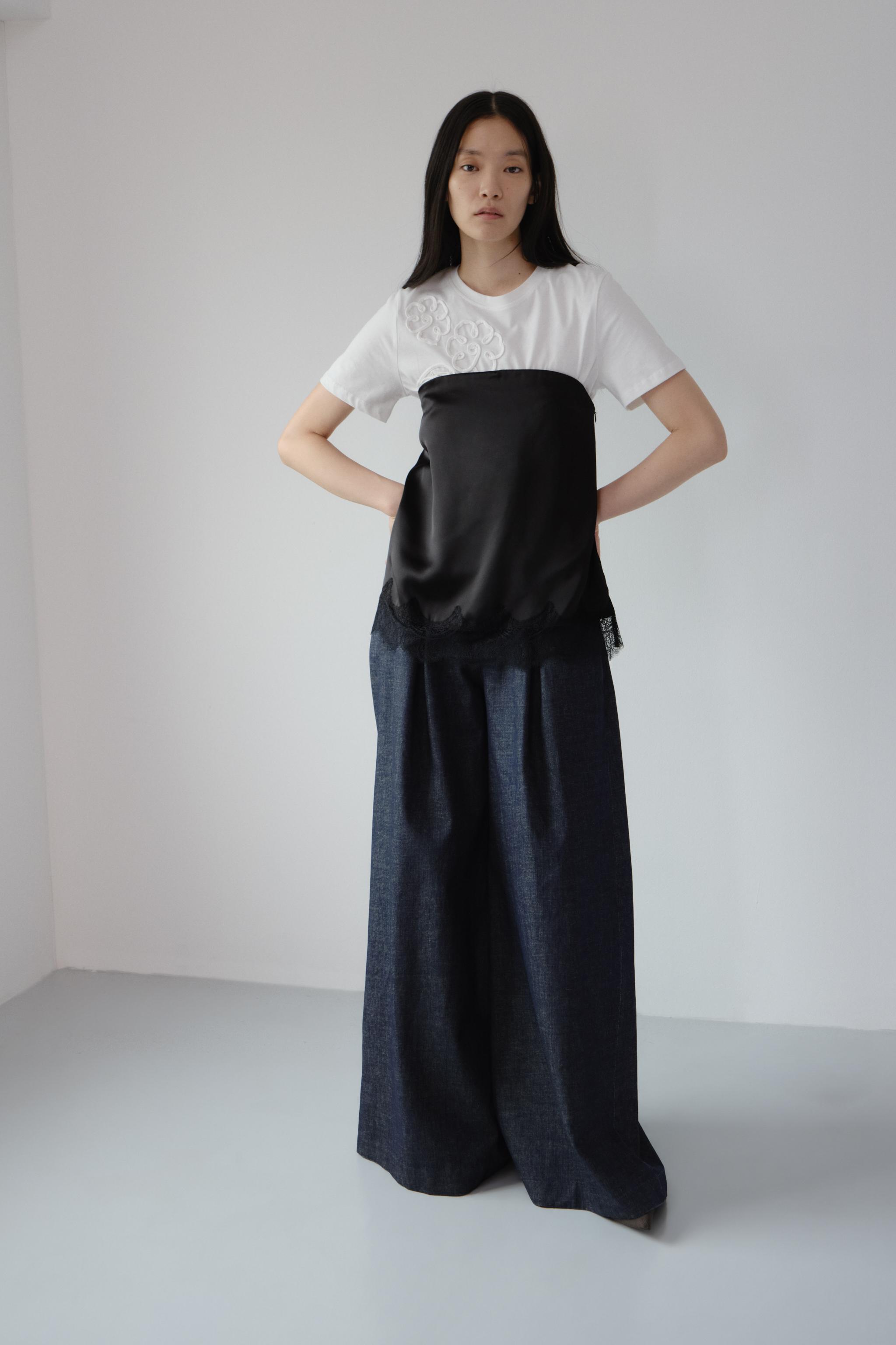 ZARA ハイウエスト　ワイドレッグ　フルレングス　40サイズ　グレー　ブラック ZARA】 TRFハイウエストワイドレッグクロスベルトジーンズ (ZARA