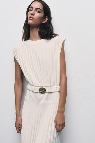 PLEATED MIDI DRESS WITH BELT - White by Zara - Image 3