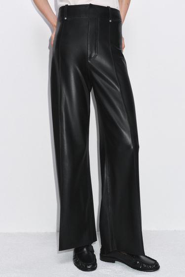 Zara ZW COLLECTION FAUX LEATHER TAILORED WIDE LEG PANTS - Black