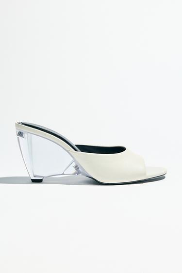 Zara 透明坡跟真皮穆勒鞋 - 米白色
