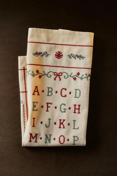 CHRISTMAS ALPHABET EMBROIDERED TEA TOWEL — Light beige 1