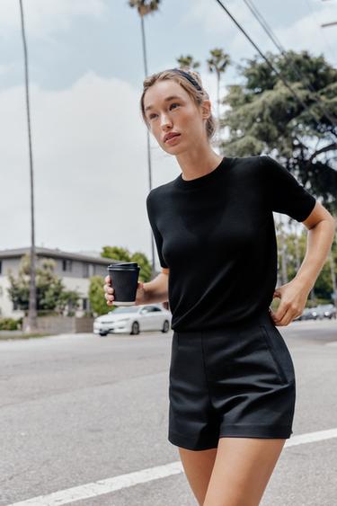 BASIC PLAIN KNIT SHORT SLEEVE TOP - Black by Zara