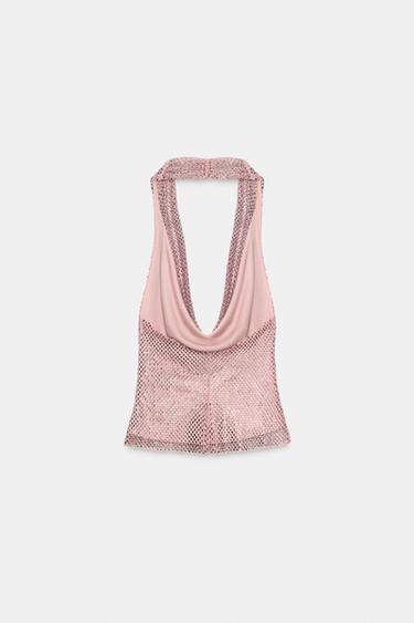 TOP ROUGE HALTER PAILLETTES - Rose de Zara - Image 5