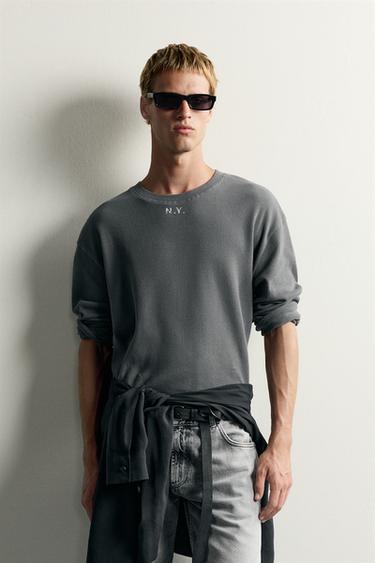 Zara TEXTURED RELAXED FIT T-SHIRT - Gray
