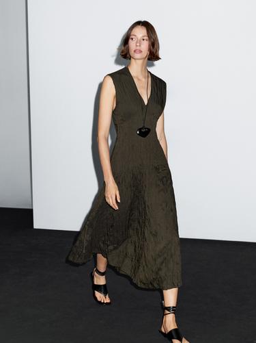 Zara Creased-effect long pleated dress - Duck green