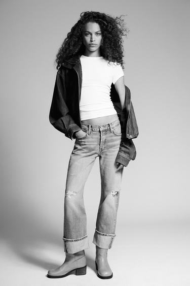 Zara TRF STRAIGHT LEG FOLD UP MID-RISE JEANS - Blue
