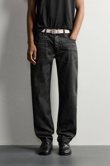 WAXED-EFFECT STRAIGHT-FIT JEANS — Charcoal 2