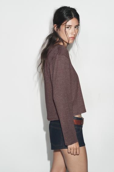 T-SHIRT COL BATEAU MANCHES LONGUES - Marron clair chiné de Zara - Image 2