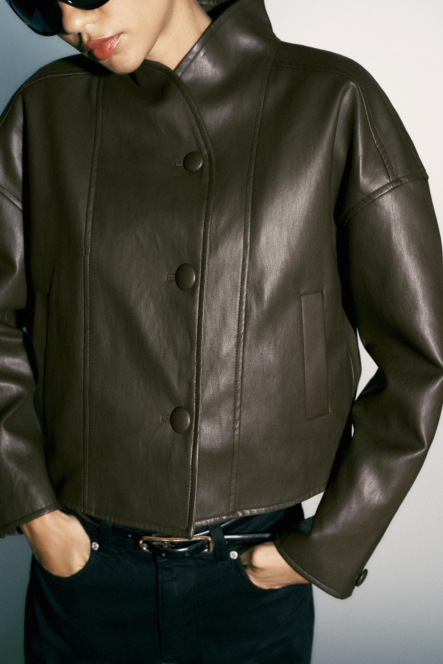 Женская куртка Zara Leather Effect with Back Pleats, цвет: Коричневый — фото 6