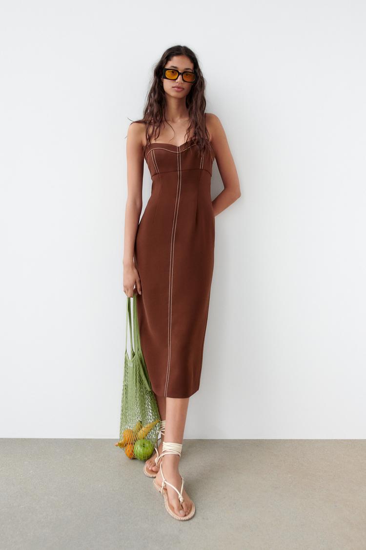 コントラストトップステッチ ペンシルワンピース - ブラウン | ZARA 