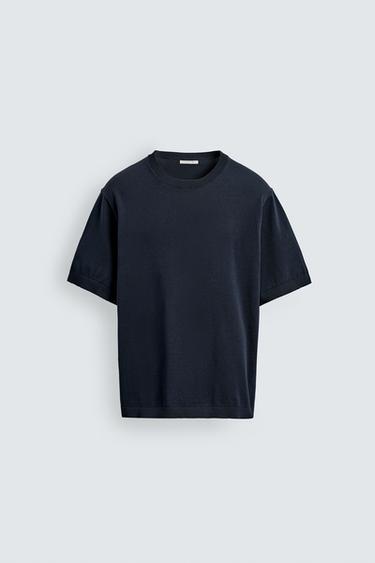 T-SHIRT EN MAILLE LÉGÈRE DE COTON - Bleu marine de Zara