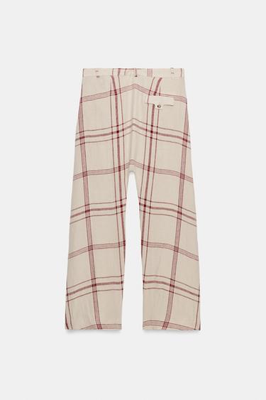 PANTALON BAGGY À CARREAUX LIN ZW COLLECTION - Écru / Rouge de Zara - Image 3