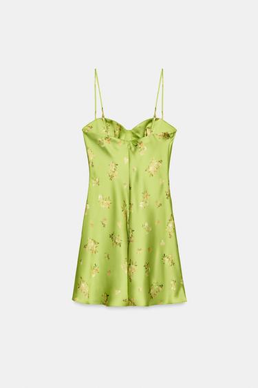 FLORAL PRINT SATIN MINI DRESS - Fluorescent lime by Zara - Image 5
