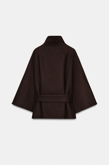CROPPED WOOL CAPE COAT WITH BELT - Brown by Zara - Image 7