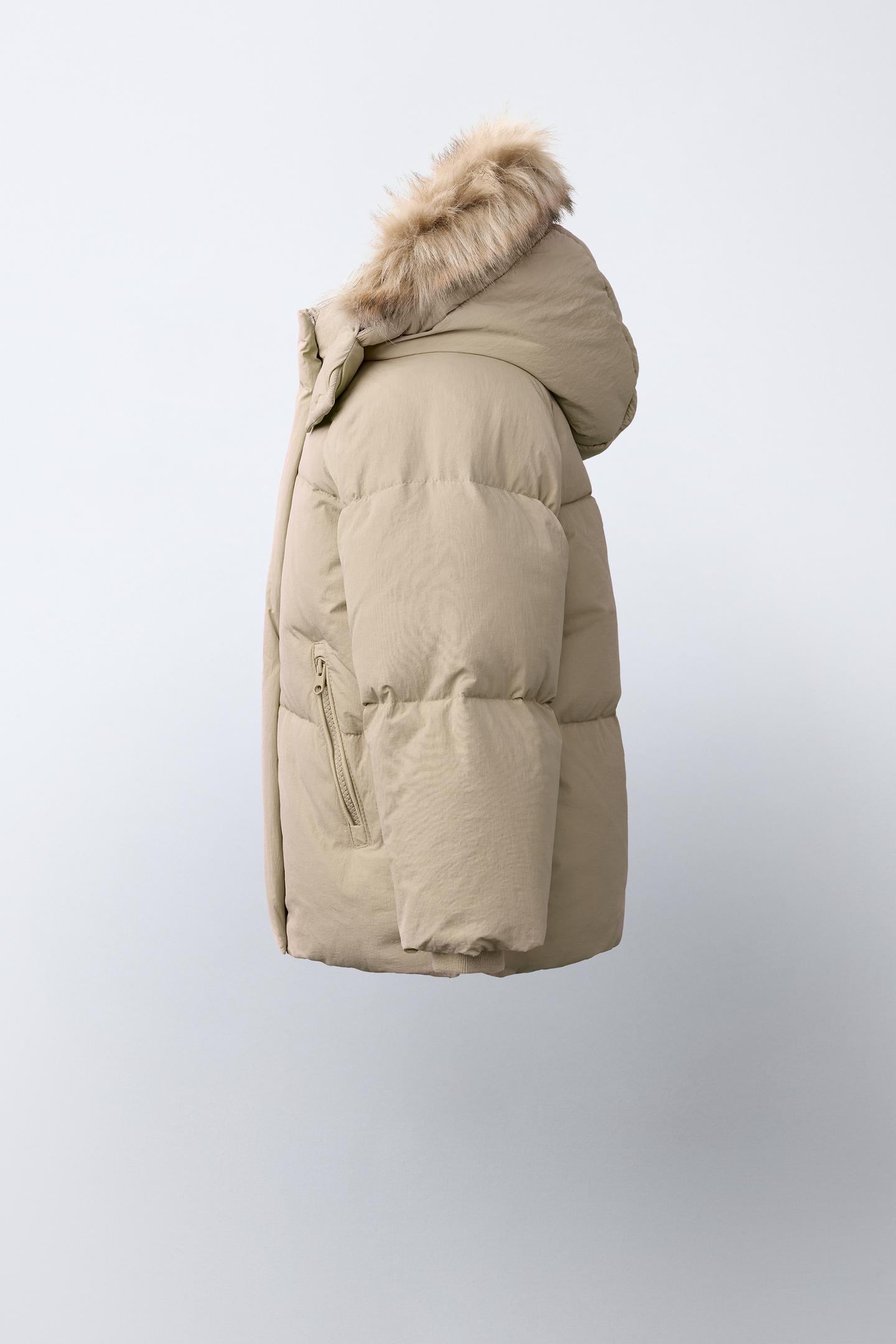 Детская куртка Zara Water-Repellent Thermal 50/50 Down and Feather with Detachable Faux Fur Hoodie, цвет: Бежевый — фото 4