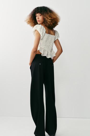 TOP IMPRIMÉ À BRODERIES AJOURÉES - Écru / Bleu marine de Zara - Image 6