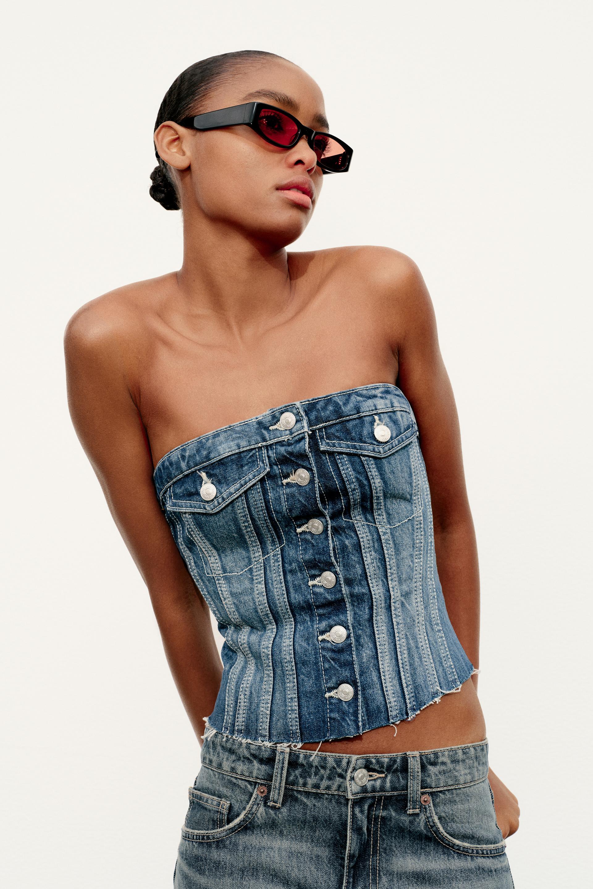 Caitzr Women's Sleeveless Denim Corset Top Backless Off Shoulder Crop Top  Jeans Cami Tube Top 