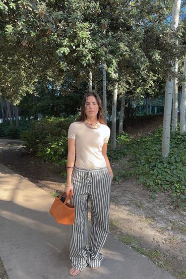 Zara STRIPED WIDE LEG PANTS - White / Navy