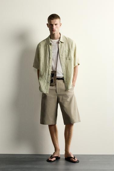 100% LINEN JACQUARD STRIPED SHIRT - Light green by Zara - Image 0