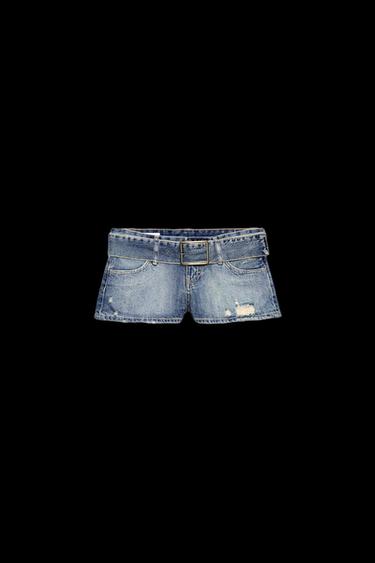 Zara BELTED TRF DENIM SHORTS - Blue